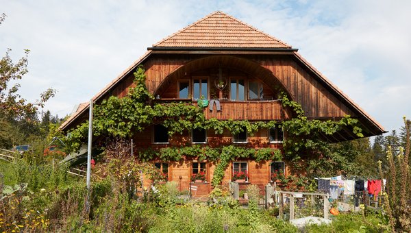 Ein Bauernhof, an dem das Efeu hochwächst.