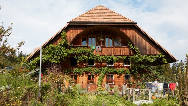 Ein Bauernhof, an dem das Efeu hochwächst.